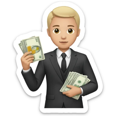 A man with a lot of money and short hair, wearing a suit sticker