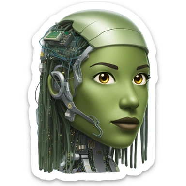 Olive green long hair female cyborg head with circuits sticker