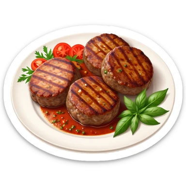 Cinematic Realistic image of Turkish Köfte, presented as perfectly formed, spiced meat patties with detailed textures and subtle grill marks, arranged artfully on a simple plate and illuminated by warm, appetizing lighting that accentuates their savory appeal. sticker