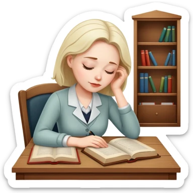 Woman teacher dozing off at desk with open book sticker