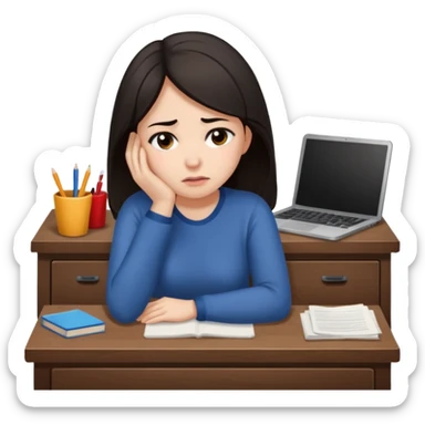  iOS emoji style - An sad and overwhelmed woman sitting at a desk. She has dark hair. sticker