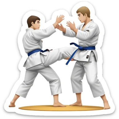 Two judo practitioners in traditional gi, one executing a powerful throw while the other is countering with a defensive move. The background features a judo mat and a focused dojo atmosphere. Transparent background highlights the precision and technique of judo. sticker