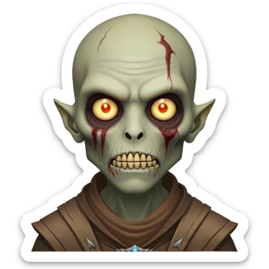 Cinematic Realistic WoW undead civilian Portrait, head tilted epicly and inquisitively, showcasing grim resilience and defiant strength. His withered, pallid skin and intense, glowing eyes contrast starkly with his worn, earth-toned clothes, rendered in meticulous detail. With dynamic, high-contrast lighting and high shine, this portrait exudes an epic aura, capturing the relentless will of a battle-hardened undead civilian. sticker