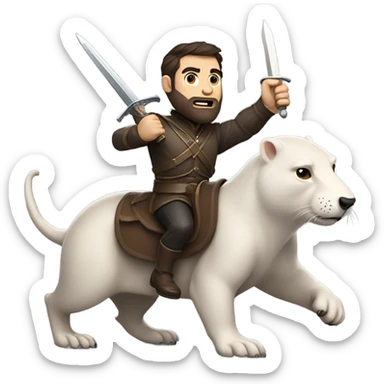 Confident armored White Man with dark brown hair and a short beard pointing forward with one arm holding a sword and yelling a battle charge while riding on the back of a giant groundhog sticker