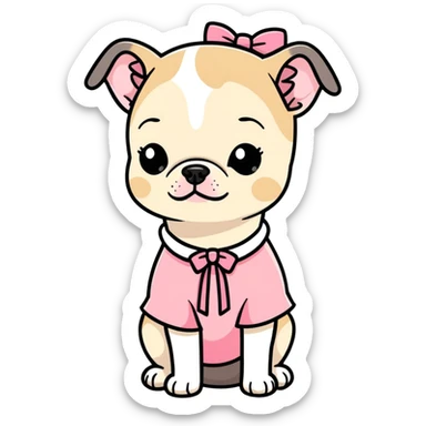 Menina com cabelo loiro escuro com blusinha fofa rosa segurando um buldogue francês bege e preto com um laço nele  sticker