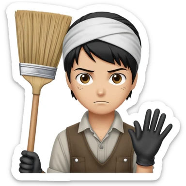 Levi Ackerman cleaning with bandana over hair, gloves, holding broom, annoyed expression sticker