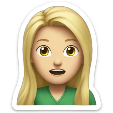 front view angry woman teacher long blonde hair dark eyes green shirt no glasses screaming sticker