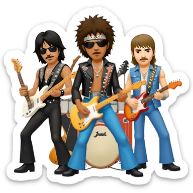 Icon for Rock Music: collage of iconic rock musicians—Klaus Meine, Jimi Hendrix, Kurt Cobain, Freddie Mercury, and Ozzy Osbourne—playing electric guitars and singing on stage. Capturing the powerful energy and rebellious spirit of rock. Transparent background. sticker