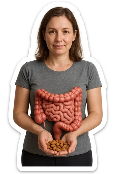 DONNA REALISTICA IN PIEDI CON INTESTINO UMANO ANATOMICO IN EVIDENZA CHE TIENE UNA MANCIATA DI MANDORLE NELLE MANI, iperrealistico 4k, SFONDO BIANCO sticker