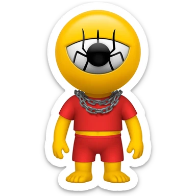 Make a yellow character with a black spider eye and a red top and shorts and a grey spider chain sticker