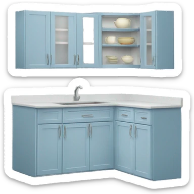Realistic front facing powder blue kitchen  hanging cabinets. sticker