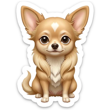 Cinematic Noble Long Haired Fawn Chihuahua Portrait Emoji, Poised and regal, with a delicate, refined build and a flowing, well-groomed long fawn coat, deep-set soulful dark eyes, Simplified yet sharp and sophisticated features, highly detailed, glowing with a soft, dignified glow, high shine, intelligent and loyal, stylized with an air of elegance, focused and attentive, soft glowing outline, capturing the essence of a watchful and confident guardian, so majestic it feels as though it could step out of the screen with effortless authority! sticker