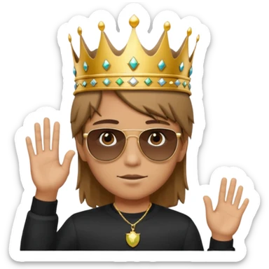 Un niño con cabello lacio no muy largo color marrón castaño,ojos marrones,piel no muy blanca, que tenga lentes de sol color negro,reloj en la mano derecha y una corona como sombrero sticker