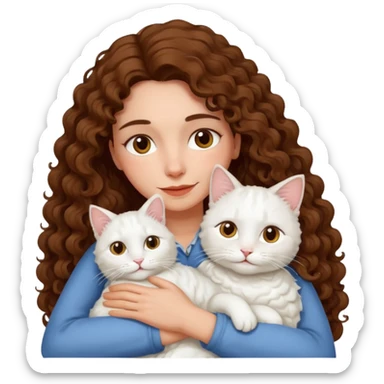 Mature Spanish girl with long curly hair and hugging a white cat sticker
