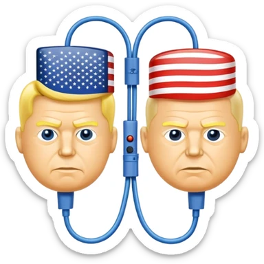 symbolic hot wire connecting Russia and USA with Russian and US flags at each end, glowing wire in the middle, cartoon faces of John F. Kennedy and Nikita Khrushchev on each side, tense Cold War atmosphere sticker