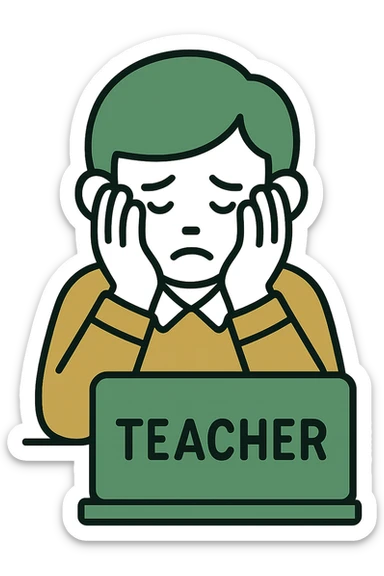 teacher with head in hands, burnt out, minimalistic, green gold and white color scheme, clean lines sticker