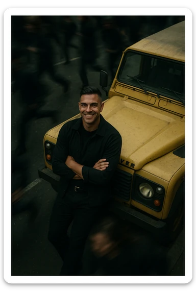 An aerial cinematic shot of me leaning against a yellow land rover defender on the street, wearing a t-shirt under a black jacket. A blurry crowd of people running around me. Gloomy lighting, 35mm film style, shallow depth of field, sharp focus on me.  sticker
