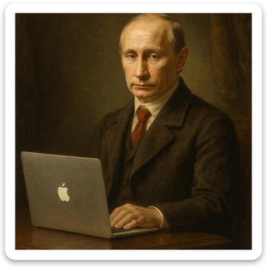 Historical leader portrait-style Vladimir Putin with a MacBook on a desk sticker