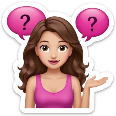 girl with long wavy brown hair, brown eyes, long lashes makeup, sexy pink lips, light to medium complexion, wearing a pink sexy top, shugging, smiling, question mark one speech bubble sticker