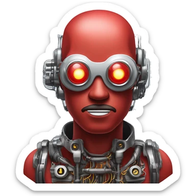 Red round male cyborg head with silver goggles, silver goatee and circuits sticker