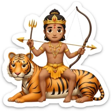 Ayyappa sitting on tiger with bow and arrow and wearing a gold and king dress sticker