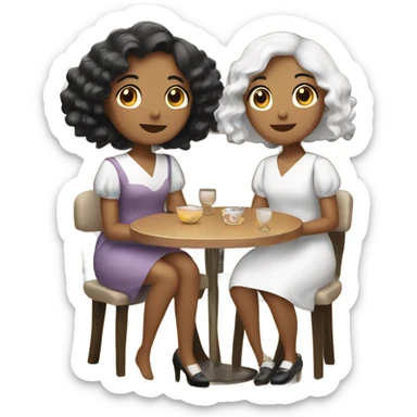 Three girls in New Year's dresses. The first one with black hair. The second one has white hair. The third one has brown hair. They're sitting in a restaurant. sticker