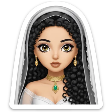 Saudi beauty, pretty bratz baddie, black eyeliner, long black curly hair, veil, khaliji fashion, light skin sticker