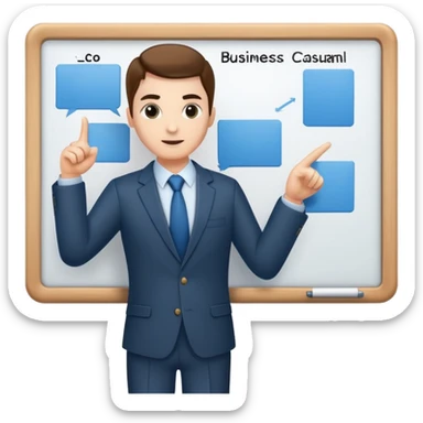 professional figure pointing at a task board or flowchart. The character wears business casual clothing sticker