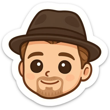 adorable chibi cartoon face of Leonardo DiCaprio wearing a fedora, simple emoji style, big eyes, cute and simplified sticker