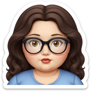  woman, long dark brown wavy hair, very light fair skin, hazel eyes, glasses, very chubby, doll style, very chubby sticker