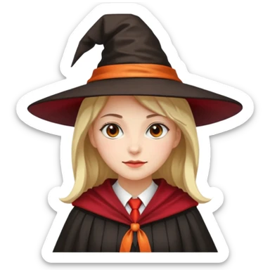 A younger woman with a witch's hat, red tie and robes (classic student or young witch look). sticker