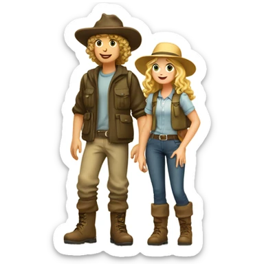 A short blonde long-haired girl in a hat and a curly-haired boy in a hat and boots hike in the Canary Islands, boots are Caucasian  sticker