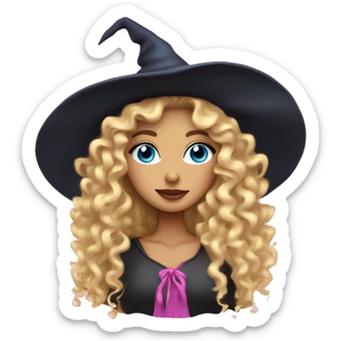 Blonde curly hair Blue eyed woman who is witch hat on and pink hearts  sticker