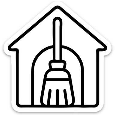 a cartoon broom in a doghouse, outlined style sticker
