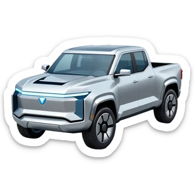 A futuristic electric pickup truck emoji, silver chrome body, angular cyber design, smooth metallic panels, subtle reflections, minimalistic proportions, iOS emoji style, centered composition, clean white background, soft lighting sticker