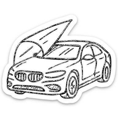 hand-drawn outlined icon of a high-end glossy black car, partially covered by a transparent rolled film, curved effect for adhesion, clean and modern sticker