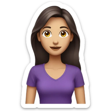 young women,dark long brown hair,saying hello, using purple tshirt whith letters "4tech sticker