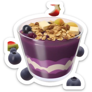 Açaí in a clear cup with layers of fruits and granola and condensed milk sticker