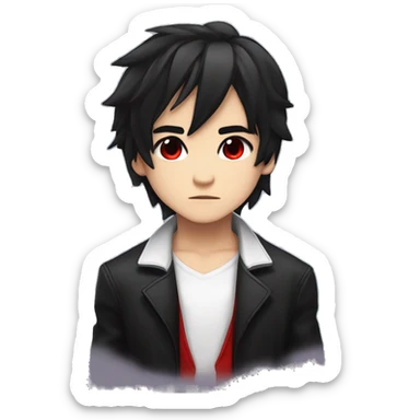 masterpiece, anime style, chibi, illustrated logo, medium short shot, twitch emote of a boy with red eyes, black hair, white locks, shoulder length hair, black jacket. sticker