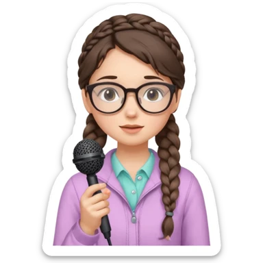 A shy braid brunette singer girl in pastel clothes with glasses, holding the mic with both hands. sticker