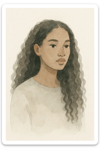 portrait of a dark-skinned girl with long curly hair, watercolor style sticker