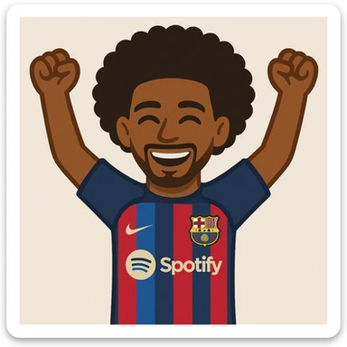 Add afro hair to Raphinha, Barcelona football player, celebrating a goal, arms raised, wearing Barcelona kit. The style should resemble emoji style. sticker