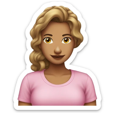 mujer delgada, pelo castaño claro hasta los hombros, pelo liso, cara alargada, piel trigueña. Camiseta rosa clara de cuello redondo sticker