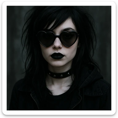 emo girl with heart-shaped sunglasses, dark hair, mysterious vibe sticker