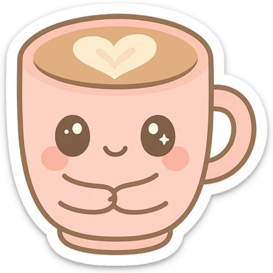 kawaii style mocha in a pink cup, big sparkling eyes, tiny arms hugging the cup, heart-shaped foam art, playful and sweet sticker