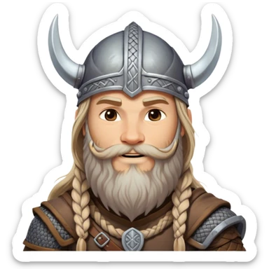 Clash of Clans aesthetic: Beautiful and Majestic Viking Portrait Emoji, Rendered in serene confidence with a gentle, enigmatic smile and a refined, weathered Viking helmet, showcasing a noble, sturdy build with long braided hair and a dignified beard, his face in natural skin tone, Simplified yet exquisitely endearing features, highly detailed, glowing with a soft, majestic Nordic light, high shine, calm and heroic, stylized with an air of timeless Norse elegance, soft glowing outline, capturing the essence of a majestic Viking whose noble spirit inspires epic quests! sticker