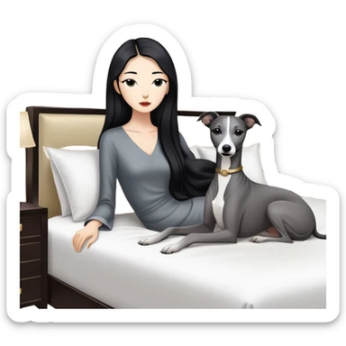 Very thin Chinese woman with long black hair relaxing in a luxurious hotel suite with exactly ONE whippet dog. EXTREME IMPORTANCE: the whippet must be ONE SOLID VERY DARK CHARCOAL GREY COLOR from nose to tail with ABSOLUTELY NO WHITE MARKINGS anywhere - NO white on face, NO white on muzzle, NO white on chest, NO white on paws, NO white on tail - NOTHING BUT A SINGLE SHADE OF VERY DARK GREY throughout the entire animal sticker
