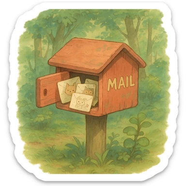forest mailbox with tiny animal letters, cozy woodland theme, soft pastel colors, ghibli style sticker