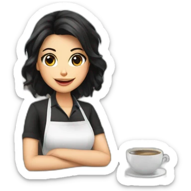 Smocking Female barista black hair wear uniform and stand near coffee shop with cup of coffee sticker