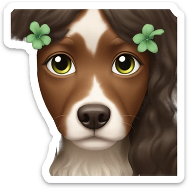 pale skin girl with green eyes with long dark brown hair that has a flower in her hair  holding a black and brown cavalier dog the dog also has a flower in its hair sticker